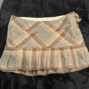 Green and Brown Plaid Mini Skirt with Buckle Detail